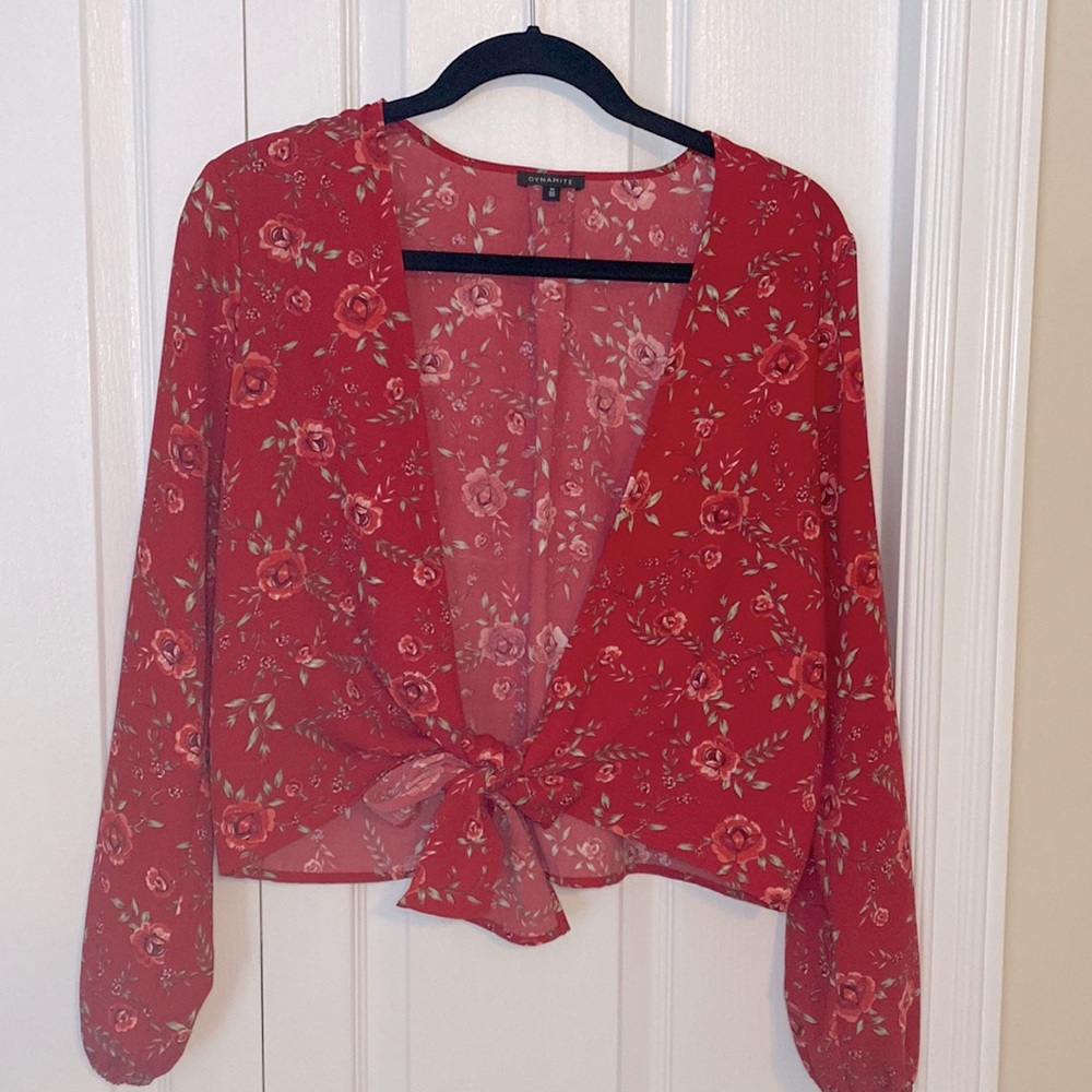 2/$20 Dynamite Red Floral Cropped Shrug with Front Tie